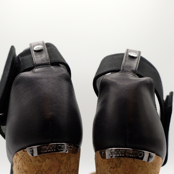 Jimmy Choo Neston Snake Cork Wedge Sandals 38.5 Black Snakeskin Leather - Picture 9 of 16